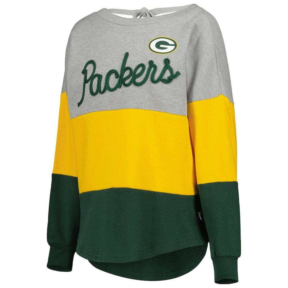 Green Bay Packers Touch Women's Outfield Deep V-Back Waist Length Pullover Sweatshirt Heather Gray/Green - NFL