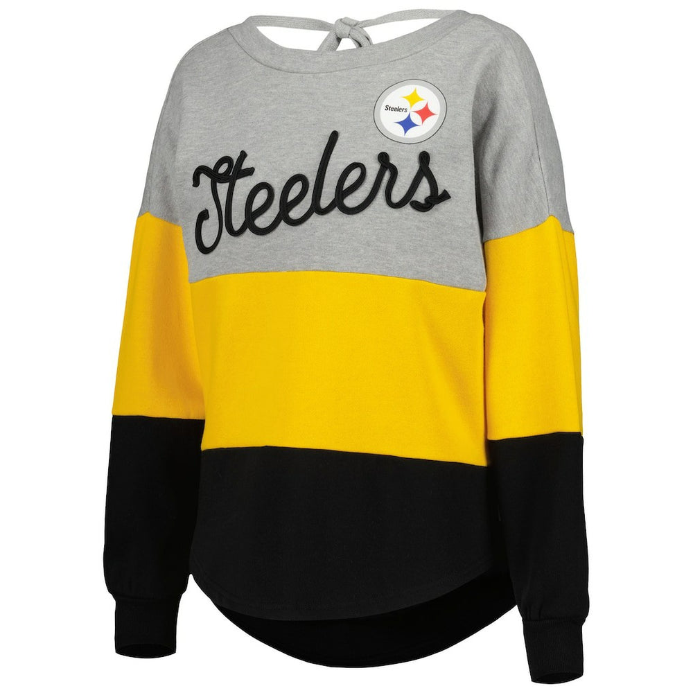 Pittsburgh Steelers Touch Women's Outfield Deep V-Back Waist Length Pullover Sweatshirt Heather Gray/Black - NFL