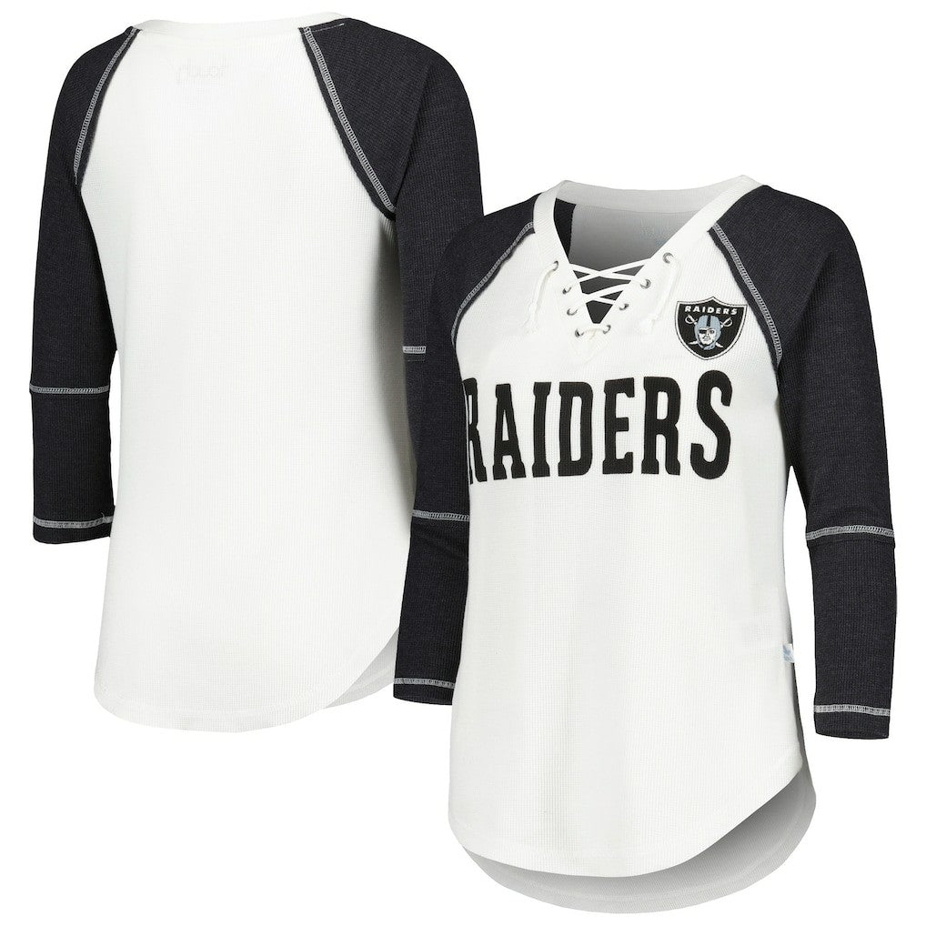 Las Vegas Raiders Touch Women's Rebel Raglan Tri-Blend 3/4-Sleeve Lace-Up V-Neck T-Shirt White/Black - NFL