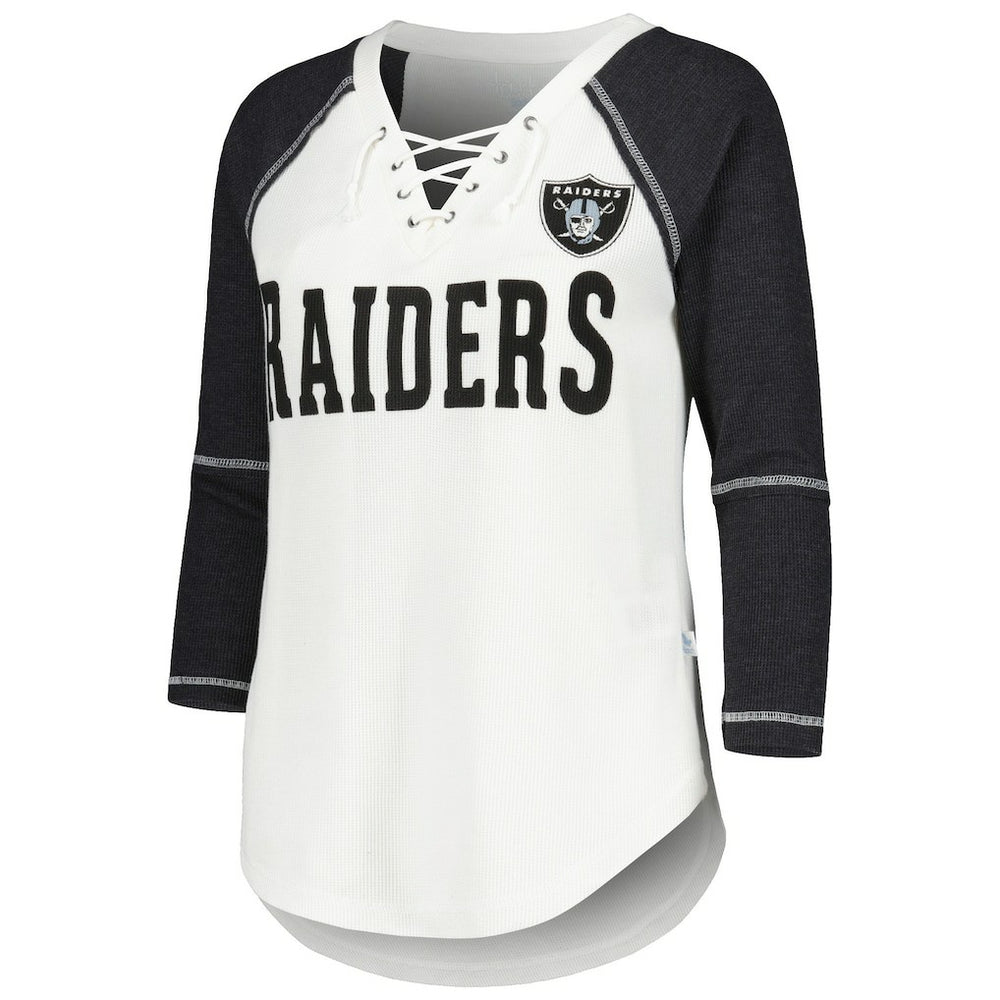 Las Vegas Raiders Touch Women's Rebel Raglan Tri-Blend 3/4-Sleeve Lace-Up V-Neck T-Shirt White/Black - NFL