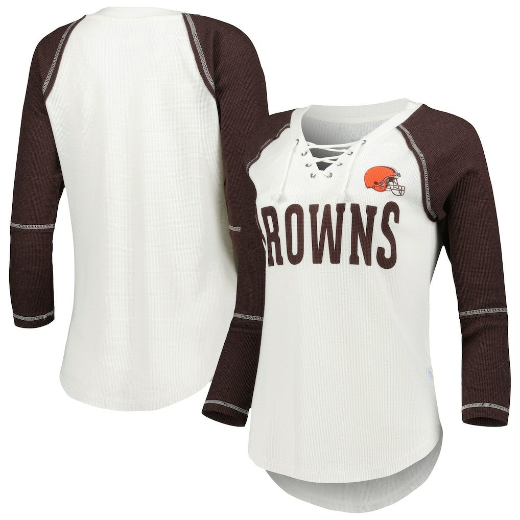 Cleveland Browns Touch Women's Rebel Raglan Tri-Blend 3/4-Sleeve Lace-Up V-Neck T-Shirt White/Brown - NFL