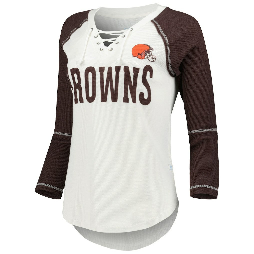 Cleveland Browns Touch Women's Rebel Raglan Tri-Blend 3/4-Sleeve Lace-Up V-Neck T-Shirt White/Brown - NFL