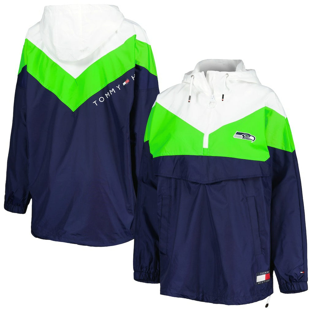 Seattle Seahawks Tommy Hilfiger Women's Staci Half-Zip Hoodie Windbreaker Jacket White/Neon Green - NFL