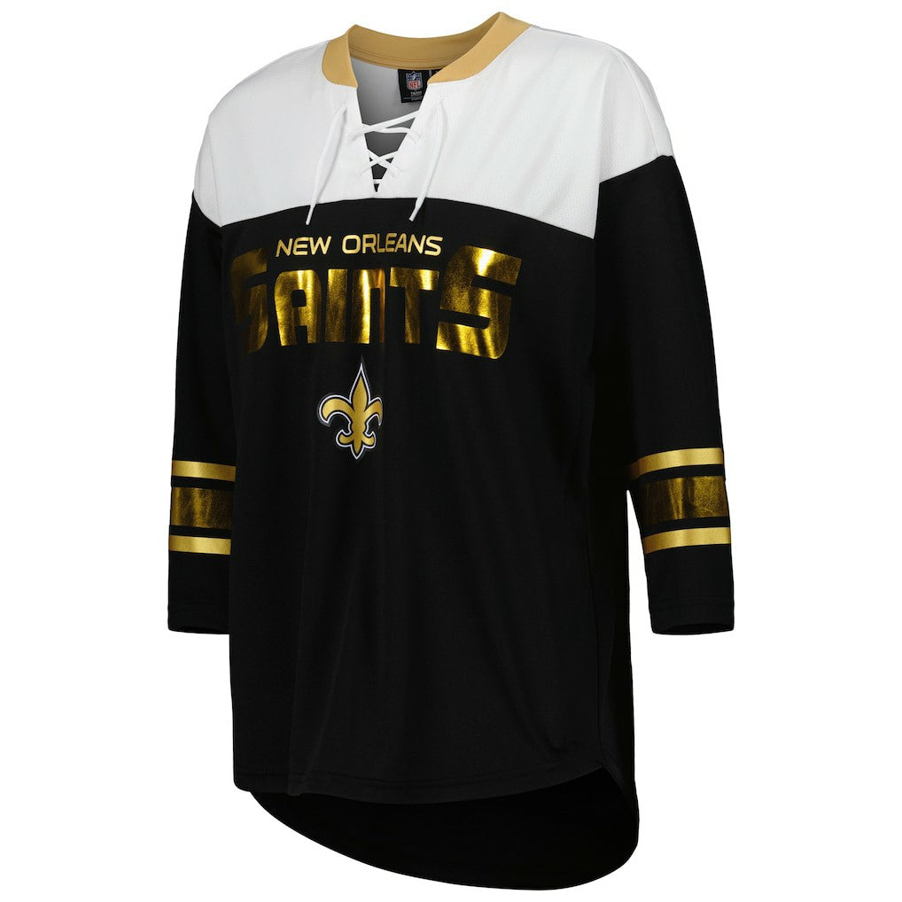 New Orleans Saints G-III 4Her by Carl Banks Women's Double Team 3/4-Sleeve Lace-Up T-Shirt Black/White - NFL