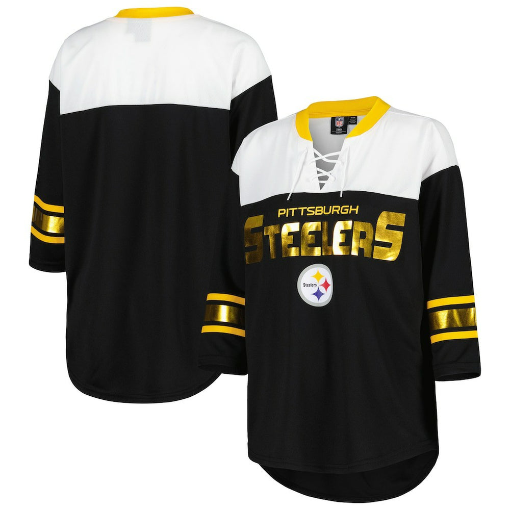 Pittsburgh Steelers G-III 4Her by Carl Banks Women's Double Team 3/4-Sleeve Lace-Up T-Shirt Black/White - NFL