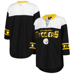 Pittsburgh Steelers G-III 4Her by Carl Banks Women's Double Team 3/4-Sleeve Lace-Up T-Shirt Black/White - NFL