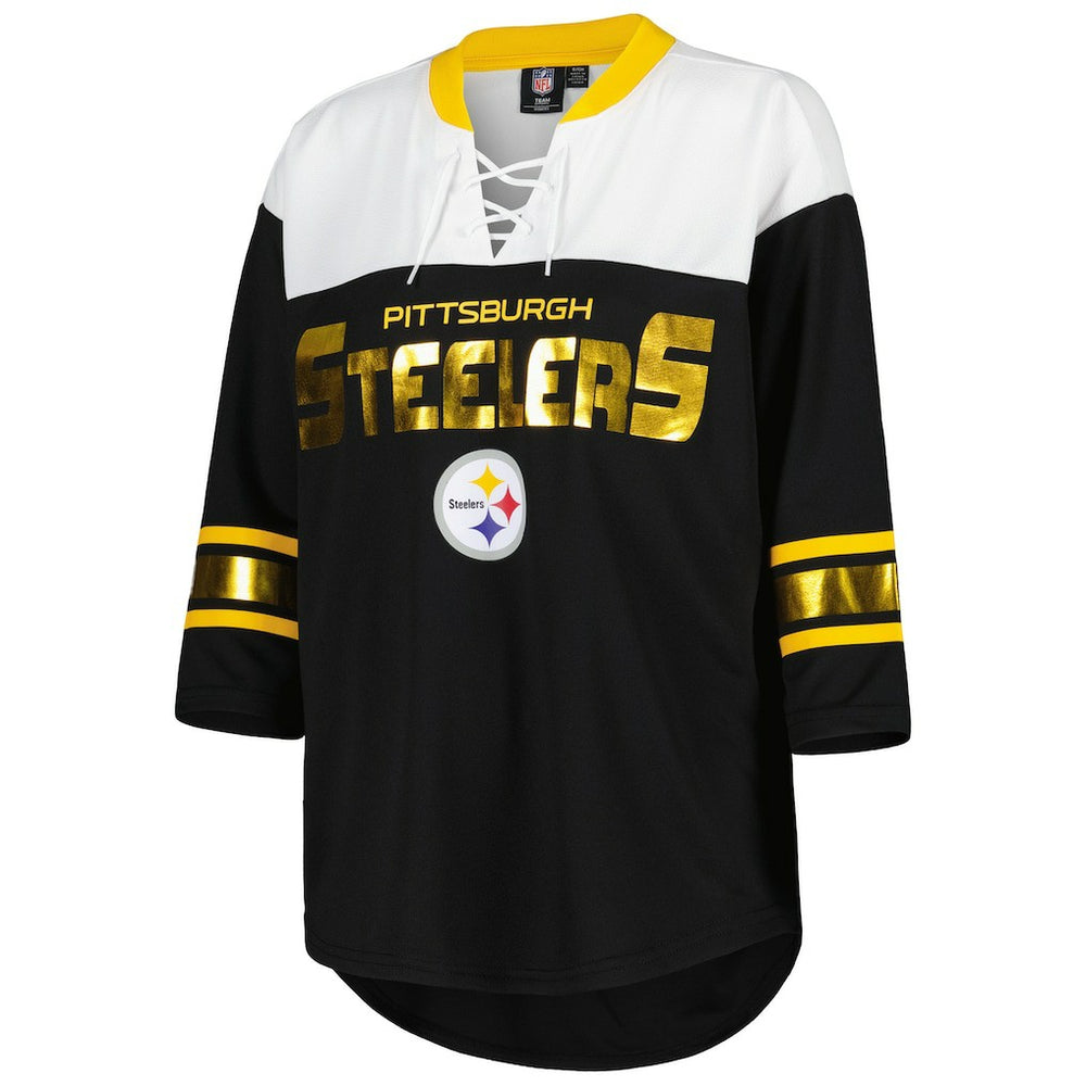 Pittsburgh Steelers G-III 4Her by Carl Banks Women's Double Team 3/4-Sleeve Lace-Up T-Shirt Black/White - NFL
