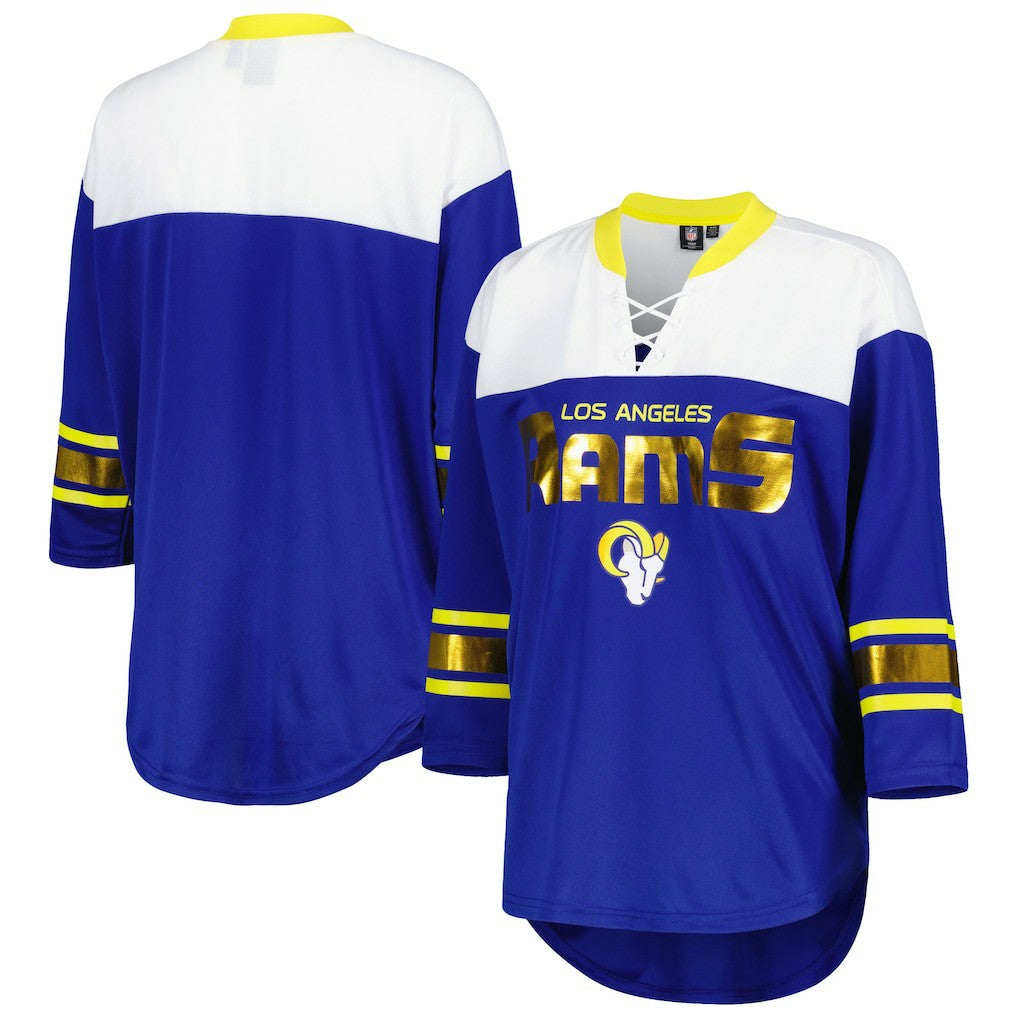 Los Angeles Rams G-III 4Her by Carl Banks Women's Double Team 3/4-Sleeve Lace-Up T-Shirt Royal/White - NFL
