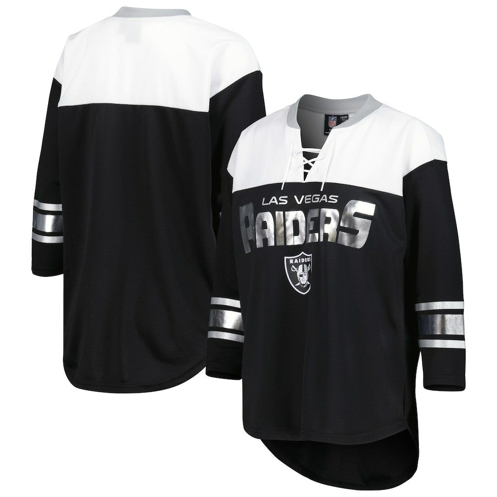 Las Vegas Raiders G-III 4Her by Carl Banks Women's Double Team 3/4-Sleeve Lace-Up T-Shirt Black/White - NFL