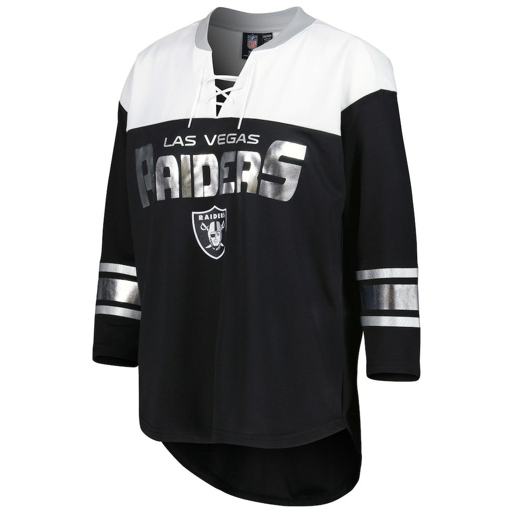 Las Vegas Raiders G-III 4Her by Carl Banks Women's Double Team 3/4-Sleeve Lace-Up T-Shirt Black/White - NFL