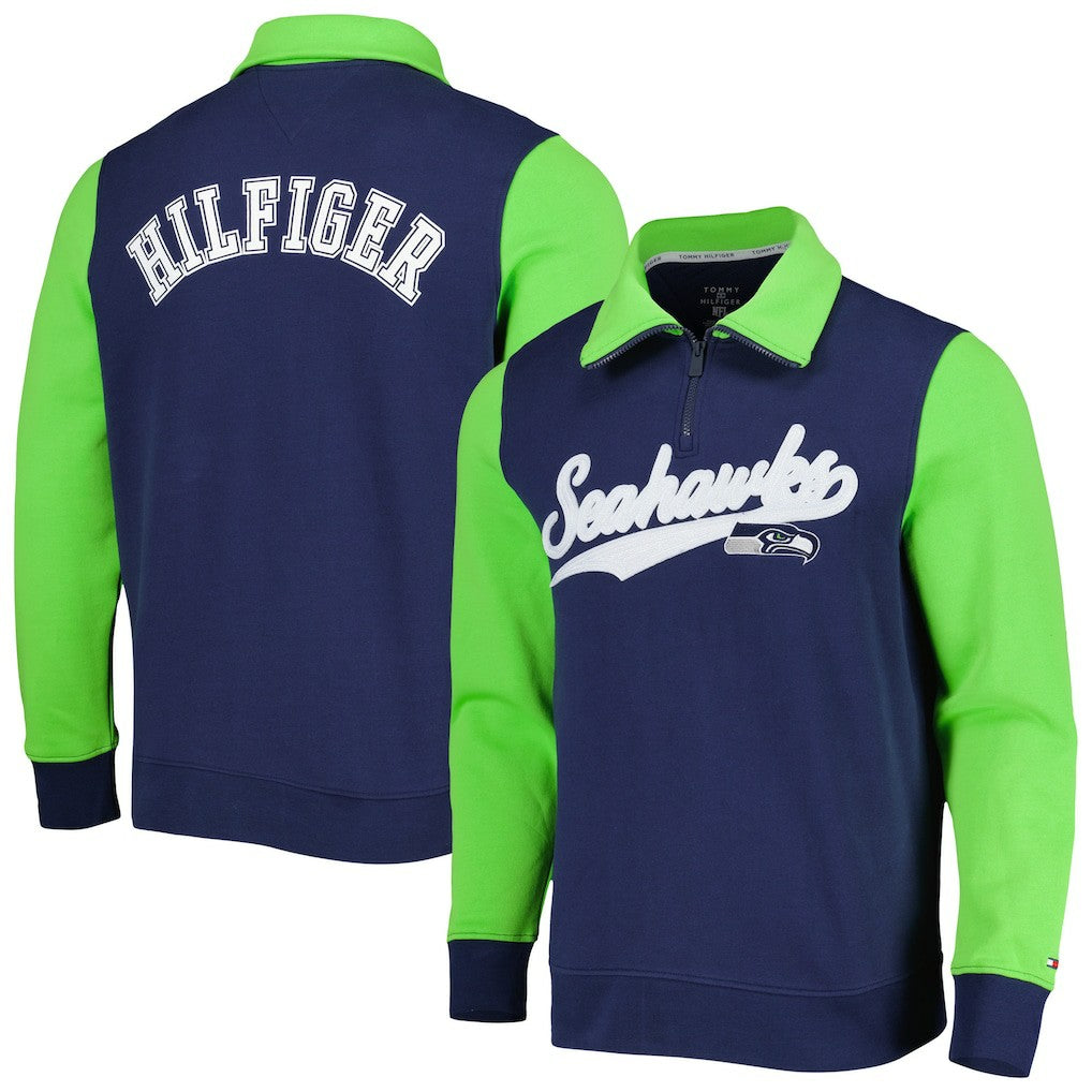 Seattle Seahawks Tommy Hilfiger Aiden Quarter-Zip Sweatshirt College Navy/Neon Green - NFL