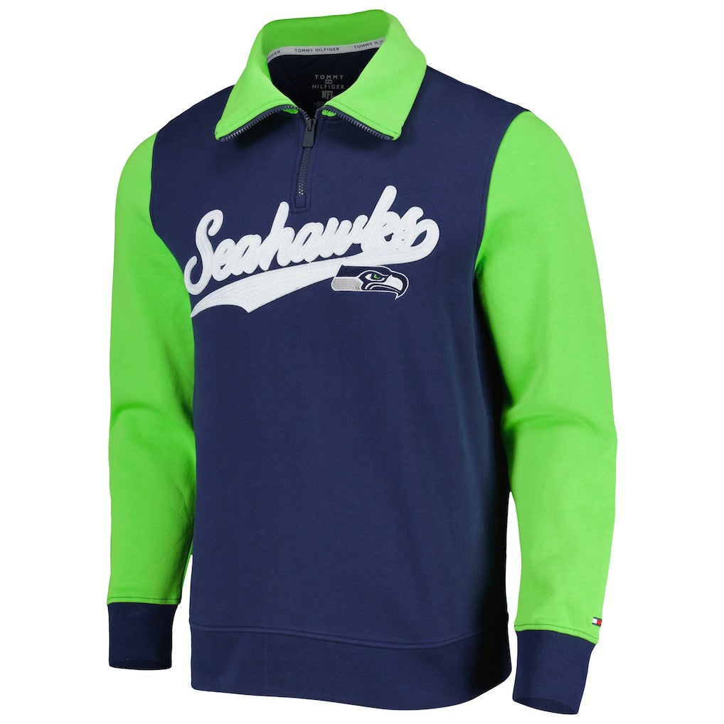 Seattle Seahawks Tommy Hilfiger Aiden Quarter-Zip Sweatshirt College Navy/Neon Green - NFL