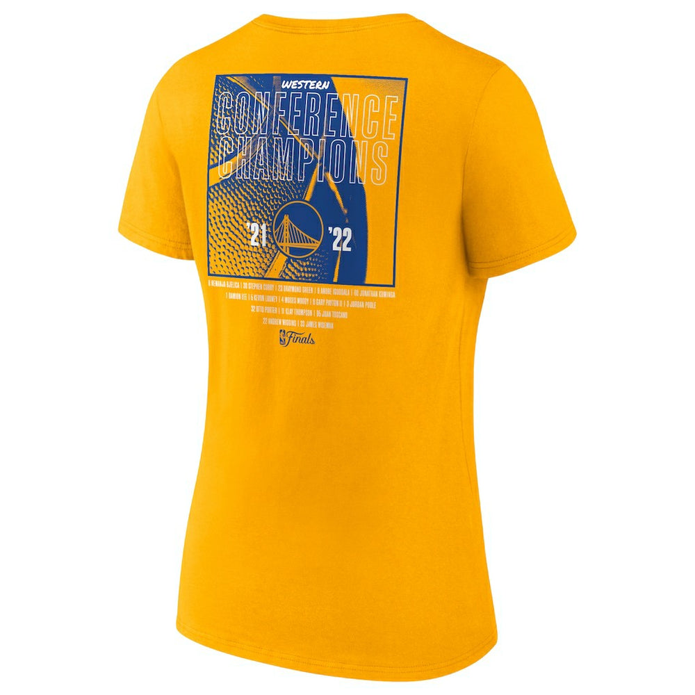 Fanatics - Golden State Warriors Women's 2022 Western Conference Champions Balanced Attack Roster V-Neck T-Shirt - Gold