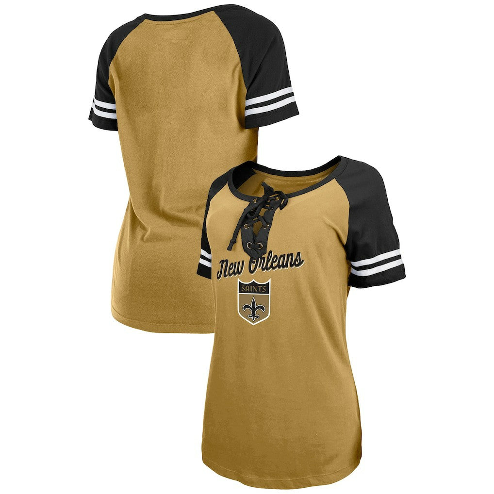 New Orleans Saints New Era Women's Legacy Lace-Up Raglan T-Shirt Gold/Black - NFL