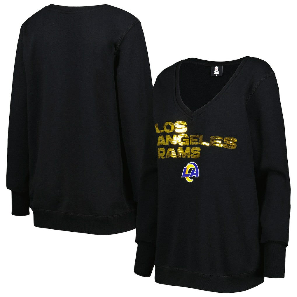 Los Angeles Rams Cuce Women's Sequin Logo V-Neck Pullover Sweatshirt Black - NFL