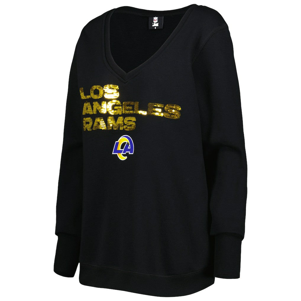 Los Angeles Rams Cuce Women's Sequin Logo V-Neck Pullover Sweatshirt Black - NFL