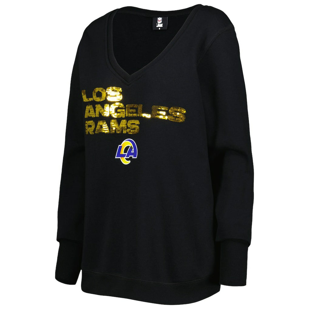 Los Angeles Rams Cuce Women's Sequin Logo V-Neck Pullover Sweatshirt Black - NFL