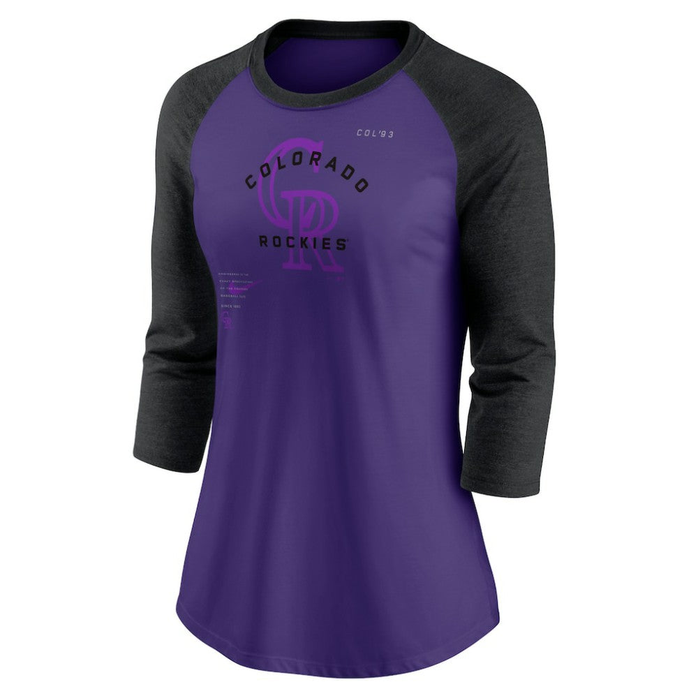 Colorado Rockies Nike Women's Next Up Tri-Blend Raglan 3/4-Sleeve T-Shirt Lifestyle