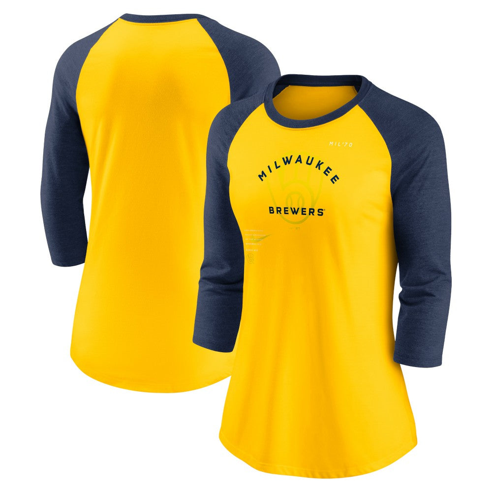 Milwaukee Brewers Nike Women's Next Up Tri-Blend Raglan 3/4-Sleeve T-Shirt Lifestyle