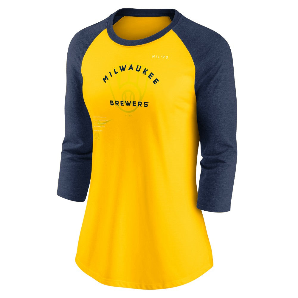 Milwaukee Brewers Nike Women's Next Up Tri-Blend Raglan 3/4-Sleeve T-Shirt Lifestyle