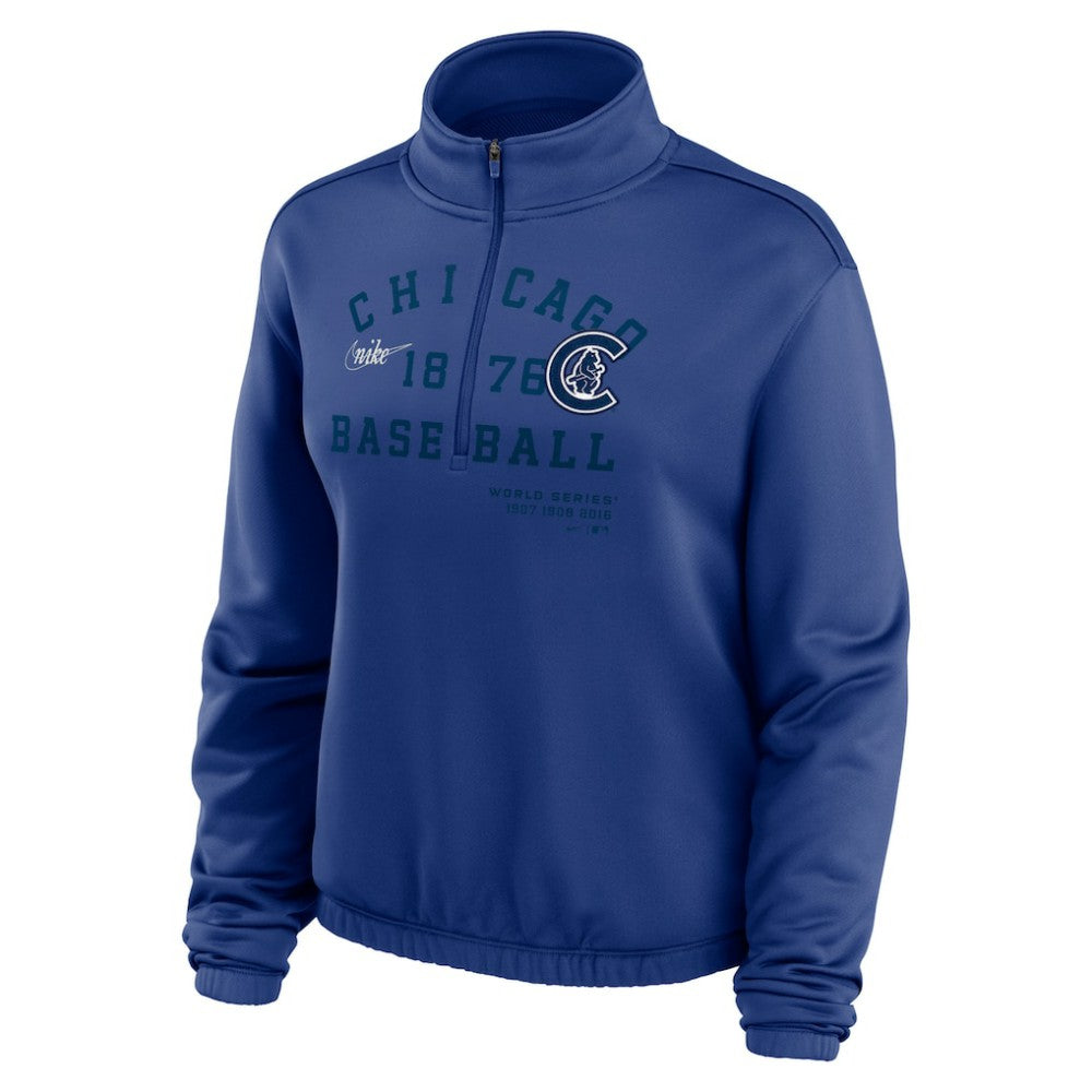 Chicago Cubs Nike Women's Rewind Splice Half-Zip Semi-Cropped Bubble Hem Sweatshirt On Sale