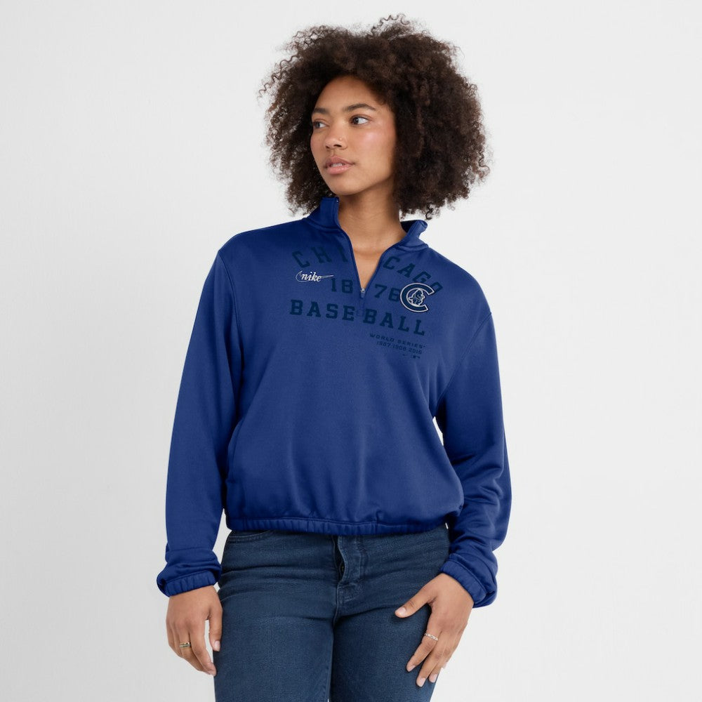 Chicago Cubs Nike Women's Rewind Splice Half-Zip Semi-Cropped Bubble Hem Sweatshirt On Sale