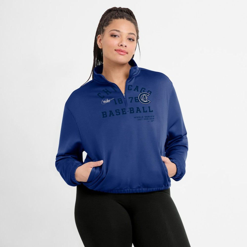 Chicago Cubs Nike Women's Rewind Splice Half-Zip Semi-Cropped Bubble Hem Sweatshirt On Sale