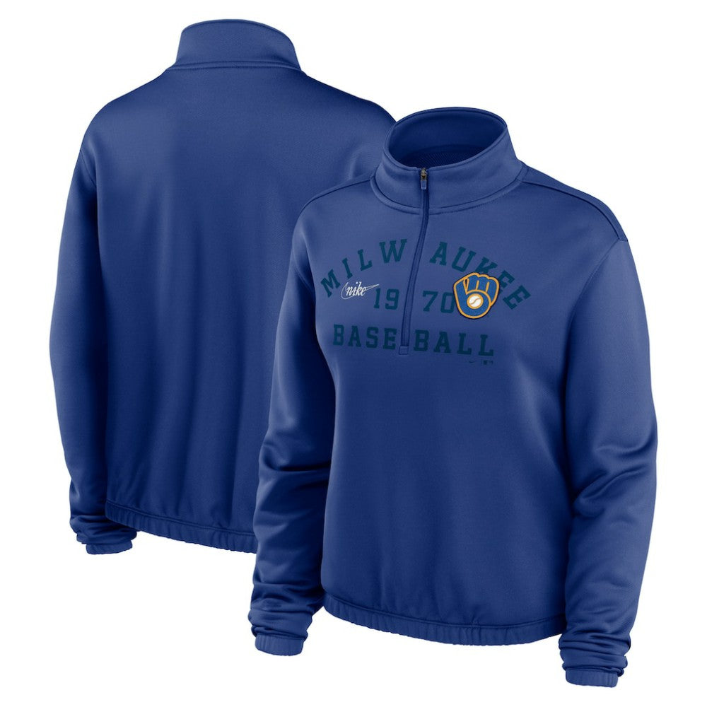 Milwaukee Brewers Nike Women's Rewind Splice Half-Zip Semi-Cropped Bubble Hem Sweatshirt On Sale