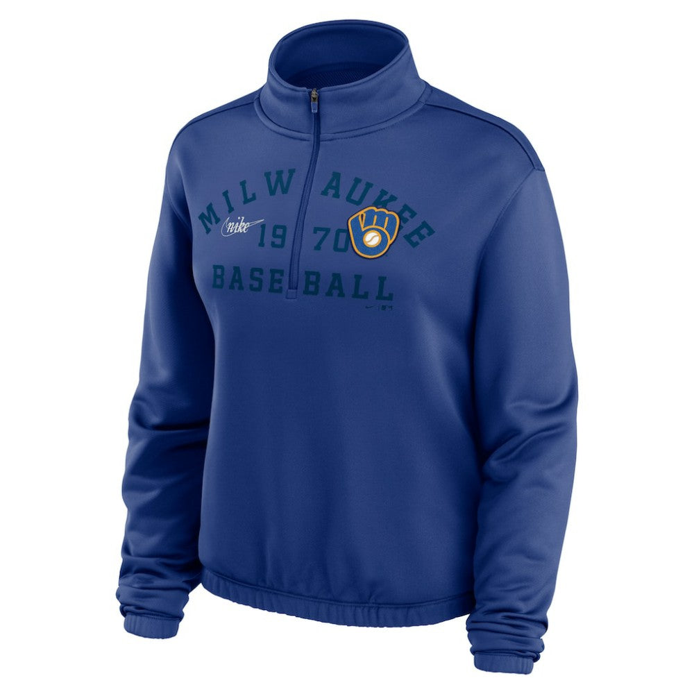 Milwaukee Brewers Nike Women's Rewind Splice Half-Zip Semi-Cropped Bubble Hem Sweatshirt On Sale