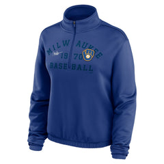 Milwaukee Brewers Nike Women's Rewind Splice Half-Zip Semi-Cropped Bubble Hem Sweatshirt On Sale