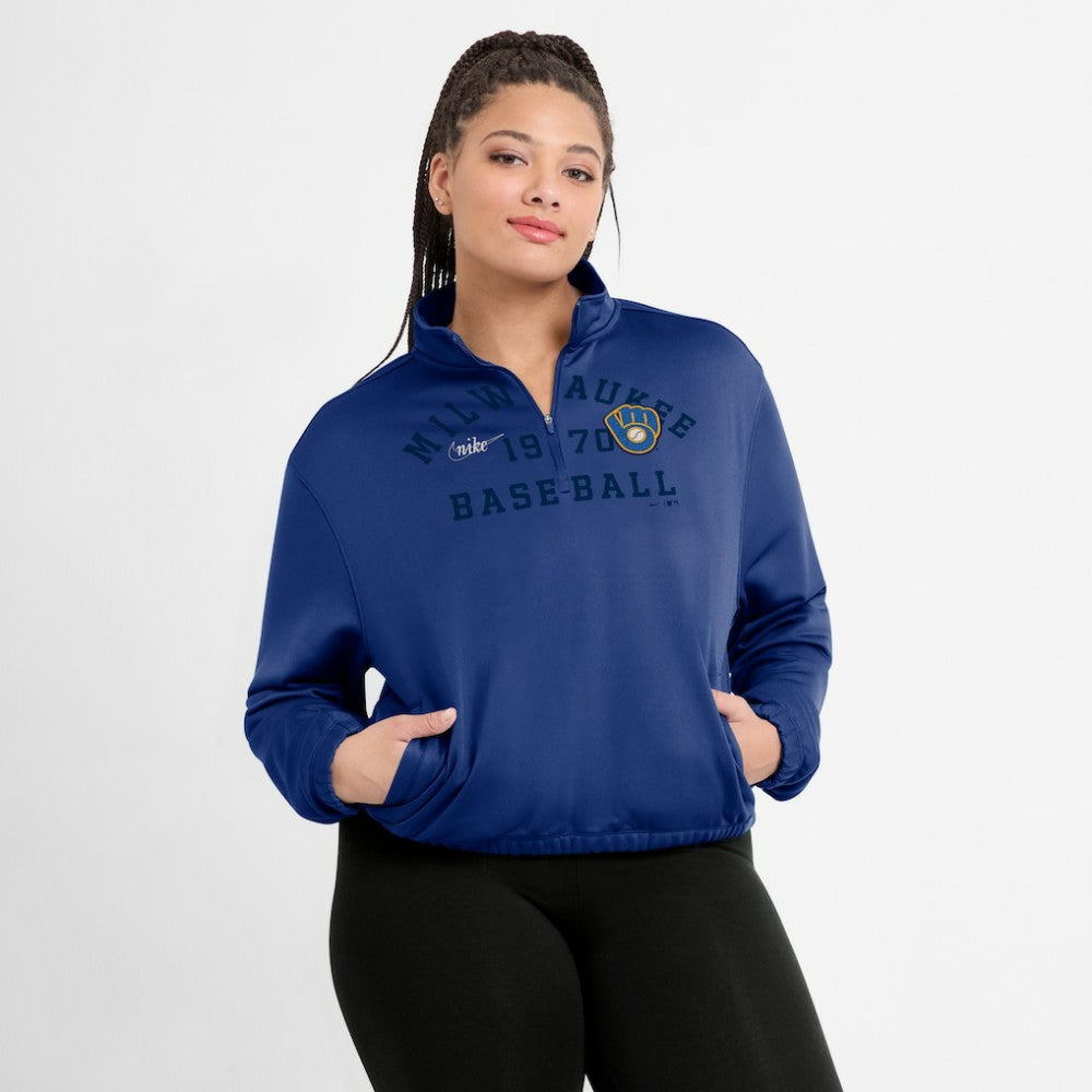 Milwaukee Brewers Nike Women's Rewind Splice Half-Zip Semi-Cropped Bubble Hem Sweatshirt On Sale