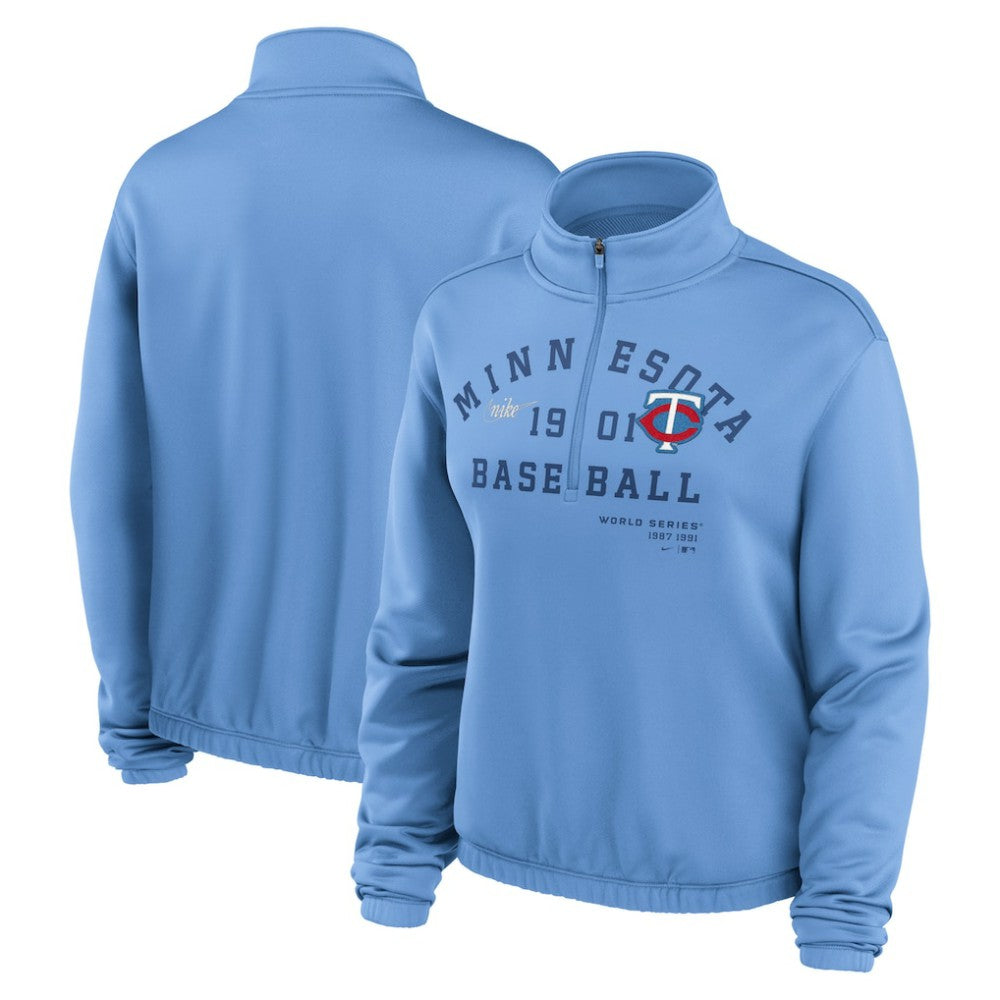 Minnesota Twins Nike Women's Rewind Splice Half-Zip Semi-Cropped Bubble Hem Sweatshirt On Sale