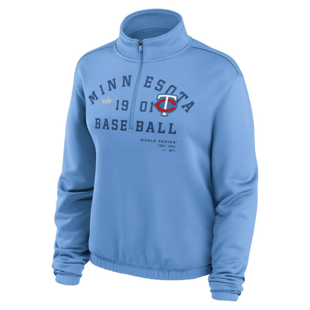 Minnesota Twins Nike Women's Rewind Splice Half-Zip Semi-Cropped Bubble Hem Sweatshirt On Sale