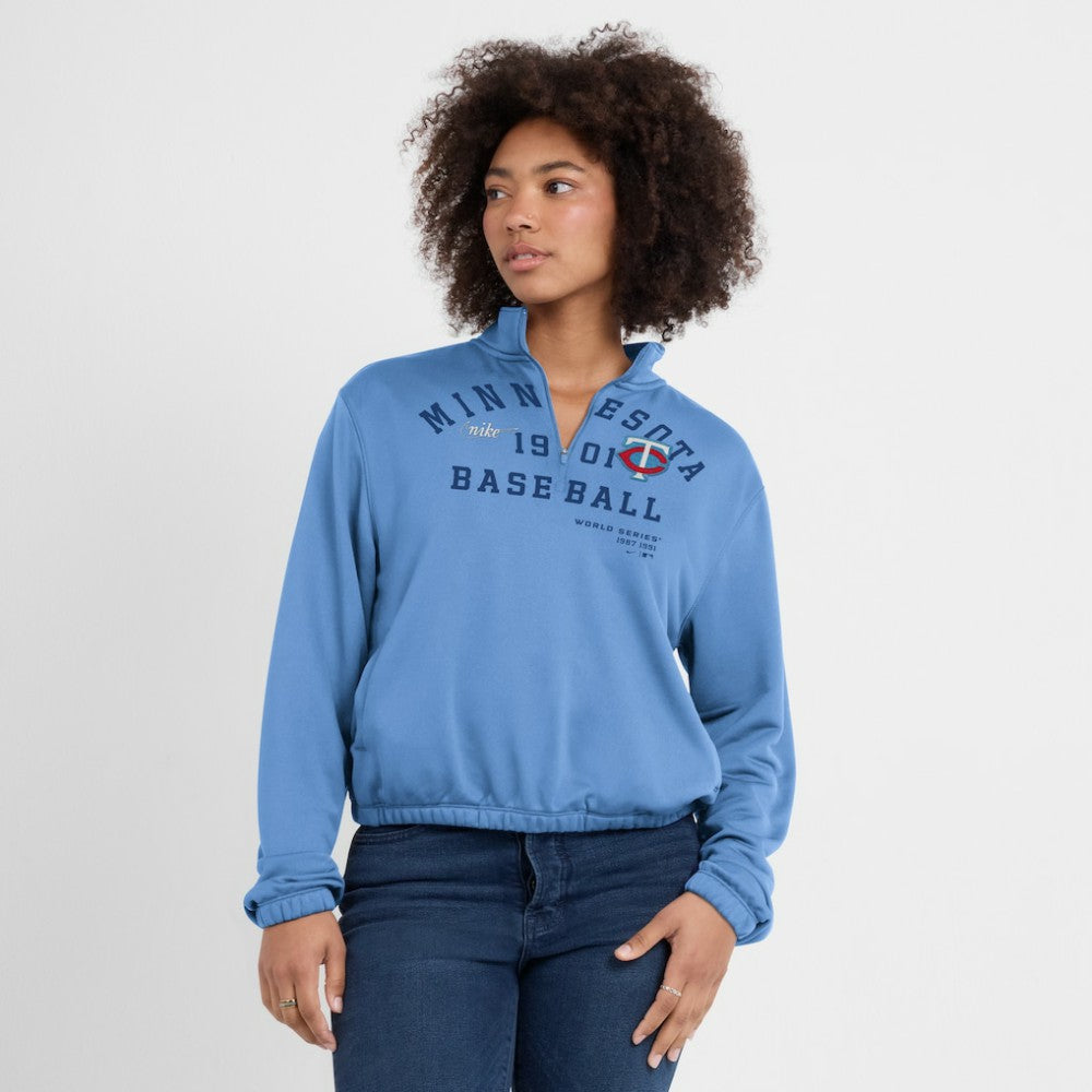 Minnesota Twins Nike Women's Rewind Splice Half-Zip Semi-Cropped Bubble Hem Sweatshirt On Sale