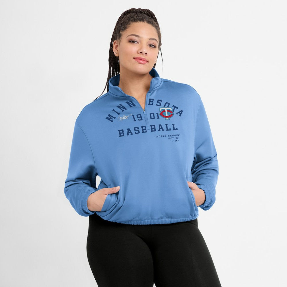 Minnesota Twins Nike Women's Rewind Splice Half-Zip Semi-Cropped Bubble Hem Sweatshirt On Sale