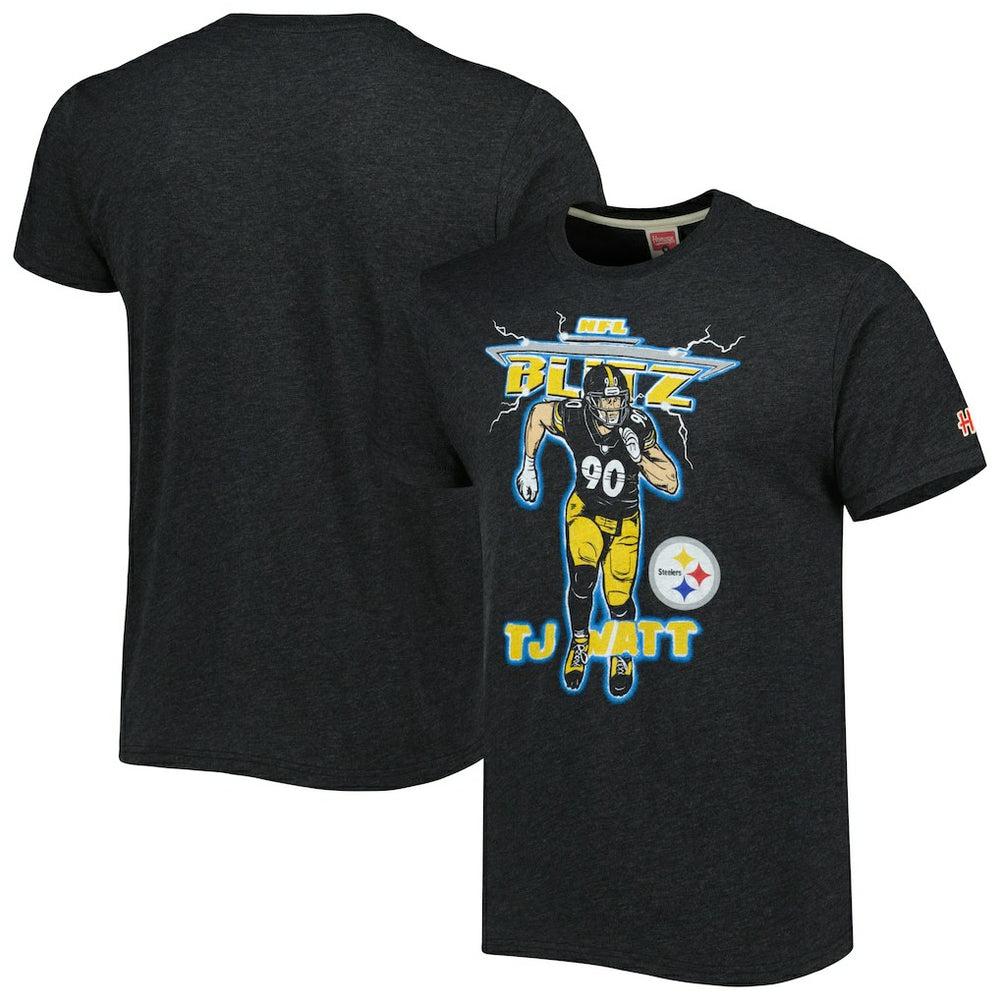 T.J. Watt Pittsburgh Steelers Homage Unisex NFL Blitz Player Tri-Blend T-Shirt Heathered Heather Charcoal - NFL