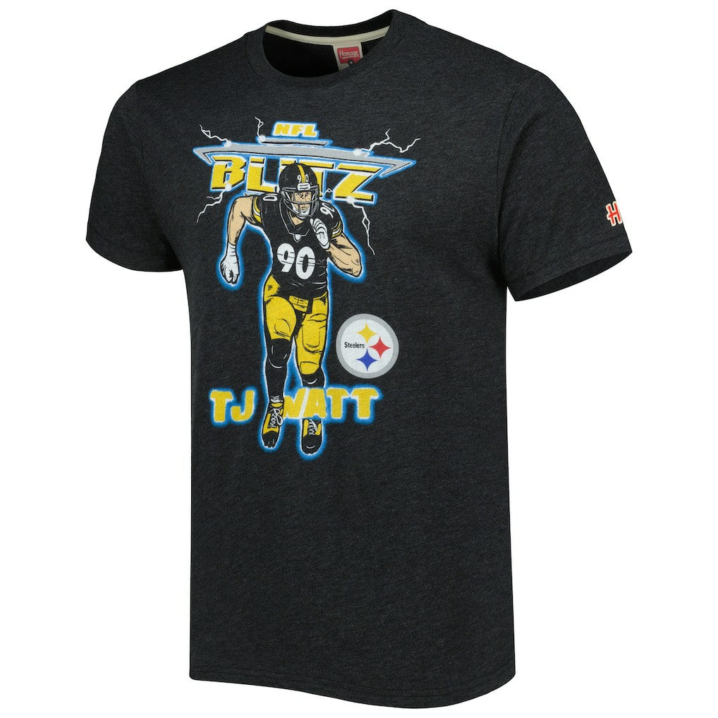 T.J. Watt Pittsburgh Steelers Homage Unisex NFL Blitz Player Tri-Blend T-Shirt Heathered Heather Charcoal - NFL