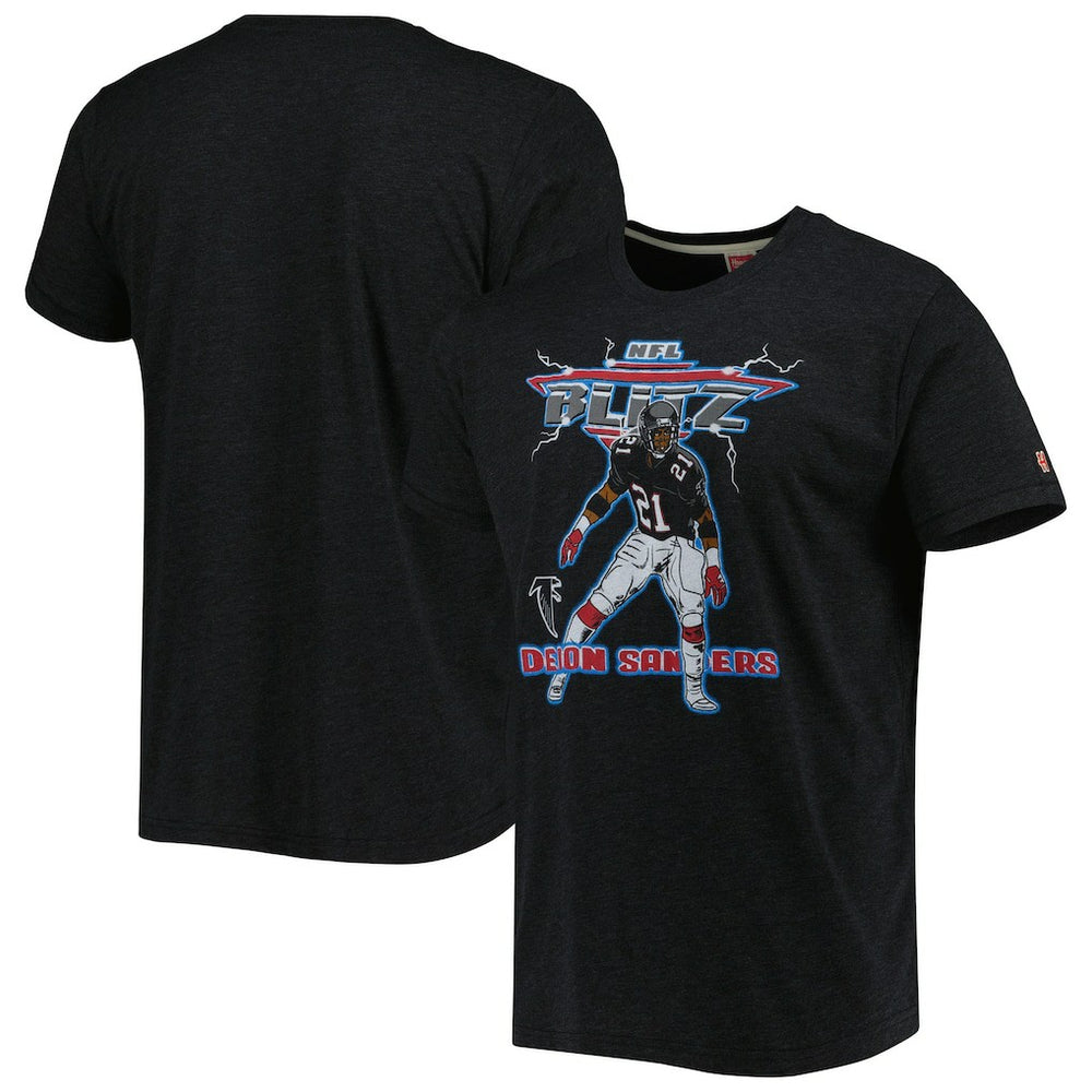 Deion Sanders Atlanta Falcons Homage Unisex NFL Blitz Retired Player Tri-Blend T-Shirt Heathered Heather Black - NFL