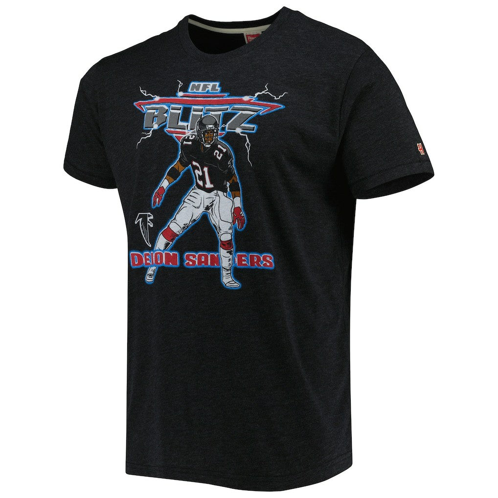 Deion Sanders Atlanta Falcons Homage Unisex NFL Blitz Retired Player Tri-Blend T-Shirt Heathered Heather Black - NFL