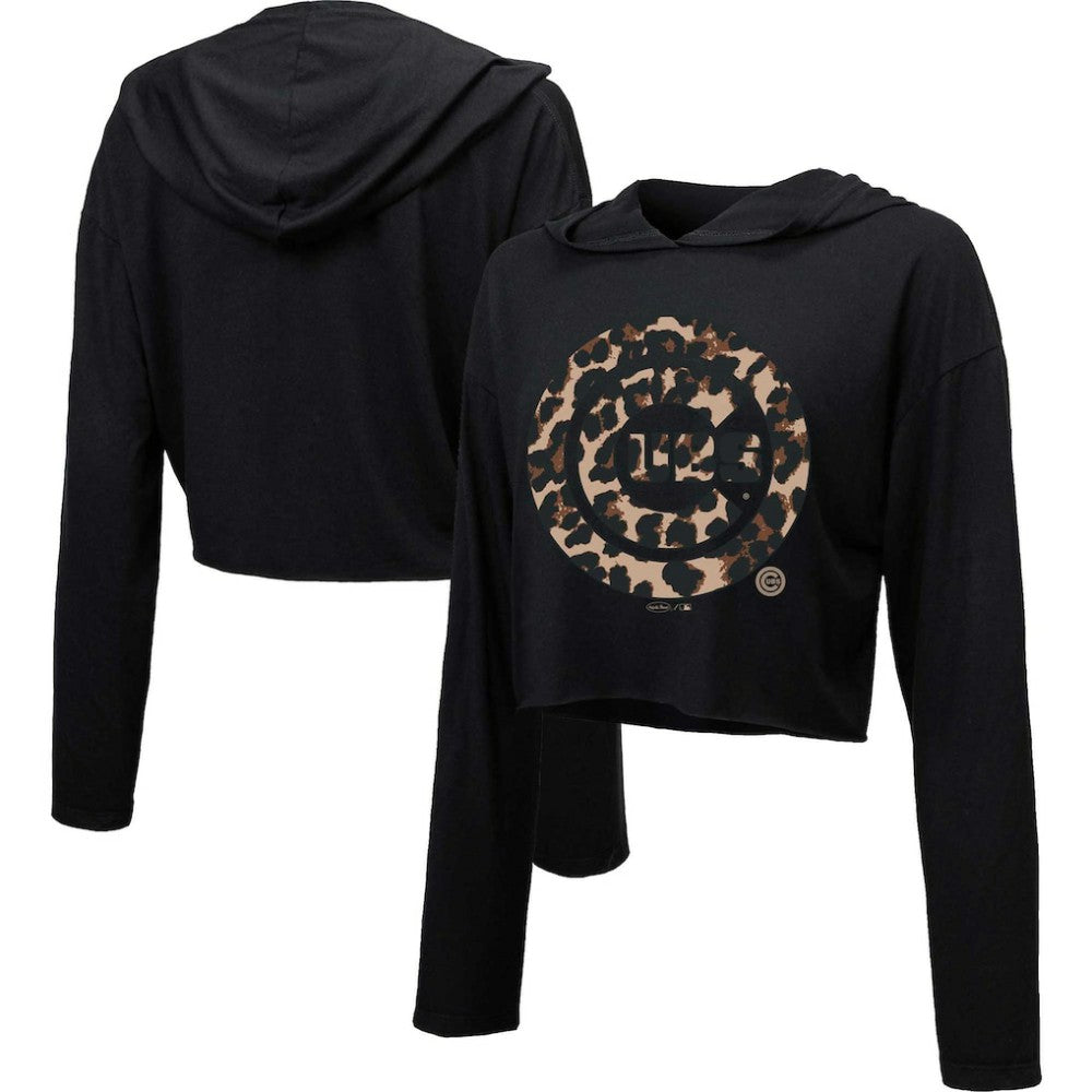 Chicago Cubs Majestic Threads Women's Leopard Cropped Hoodie Lifestyle