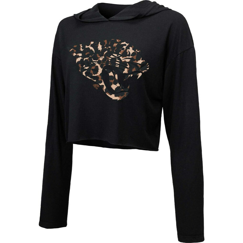 Jacksonville Jaguars Majestic Threads Women's Leopard Cropped Pullover Hoodie Black - NFL