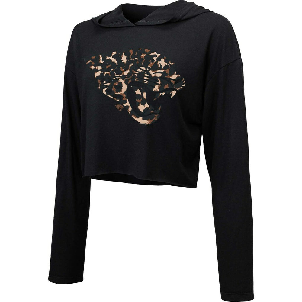 Jacksonville Jaguars Majestic Threads Women's Leopard Cropped Pullover Hoodie Black - NFL