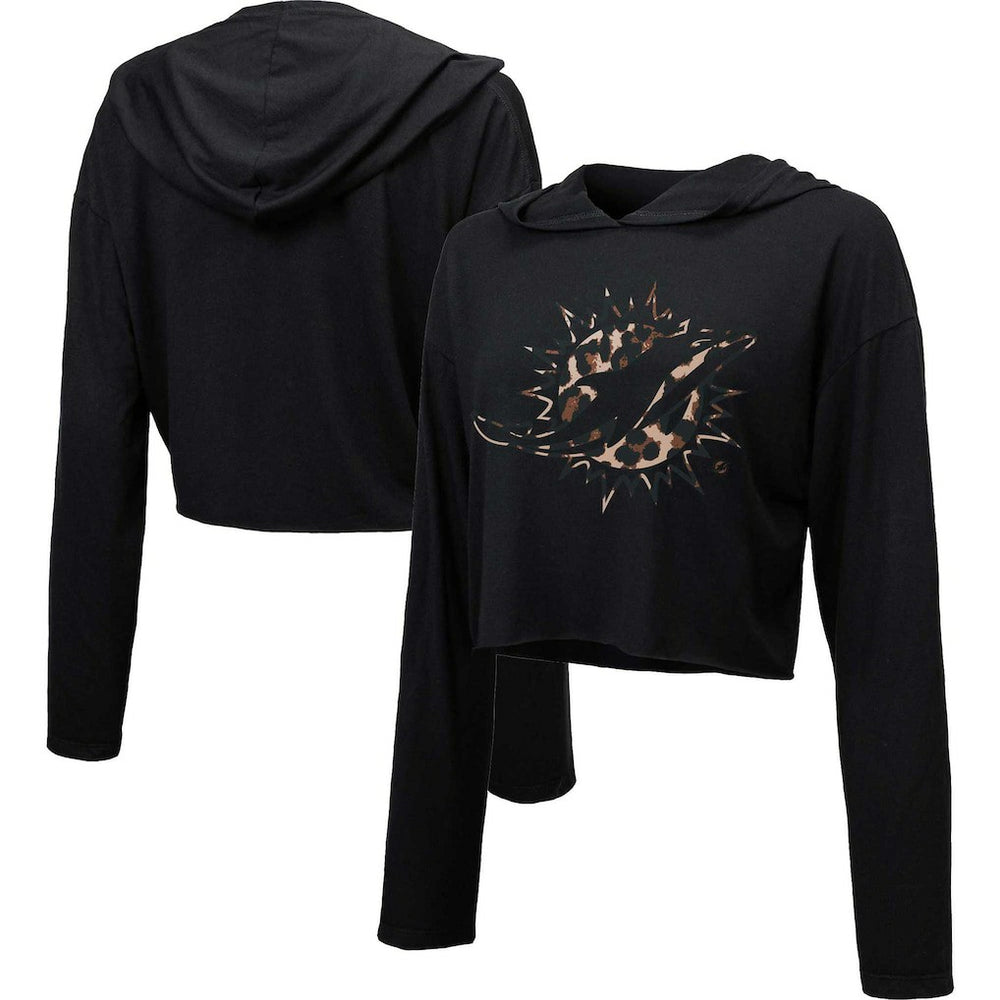 Miami Dolphins Majestic Threads Women's Leopard Cropped Pullover Hoodie Black - NFL