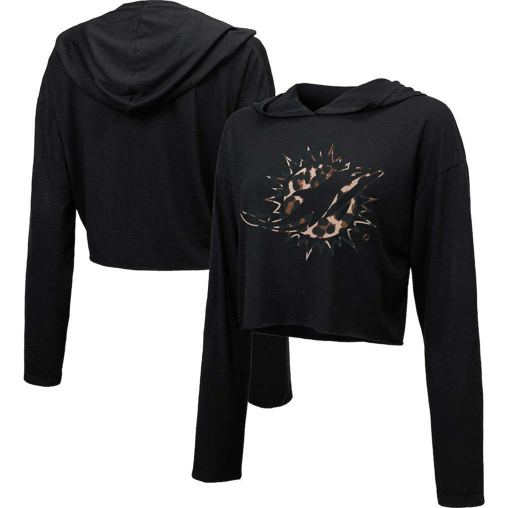 Miami Dolphins Majestic Threads Women's Leopard Cropped Pullover Hoodie Black - NFL
