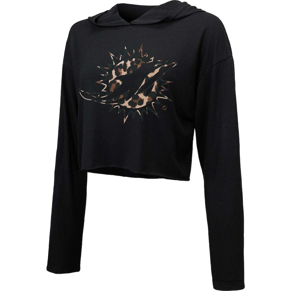 Miami Dolphins Majestic Threads Women's Leopard Cropped Pullover Hoodie Black - NFL