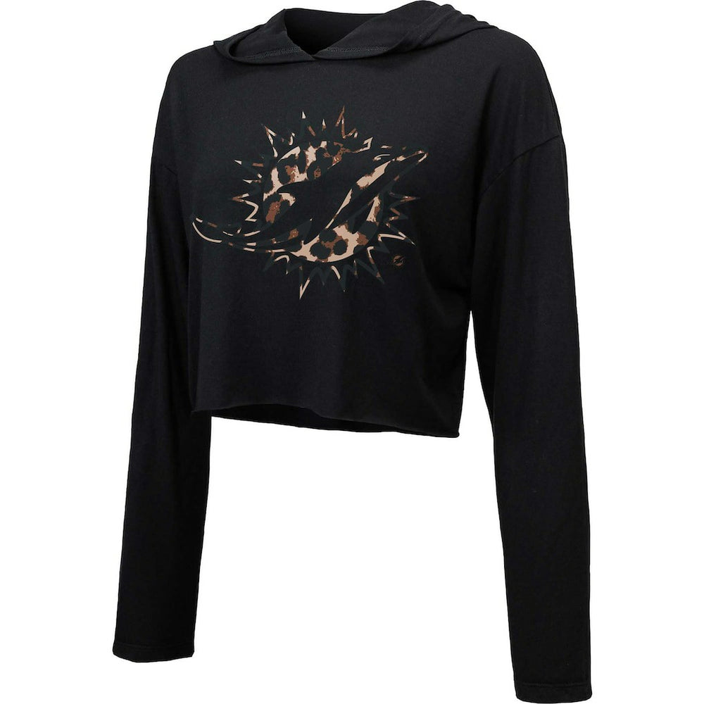 Miami Dolphins Majestic Threads Women's Leopard Cropped Pullover Hoodie Black - NFL