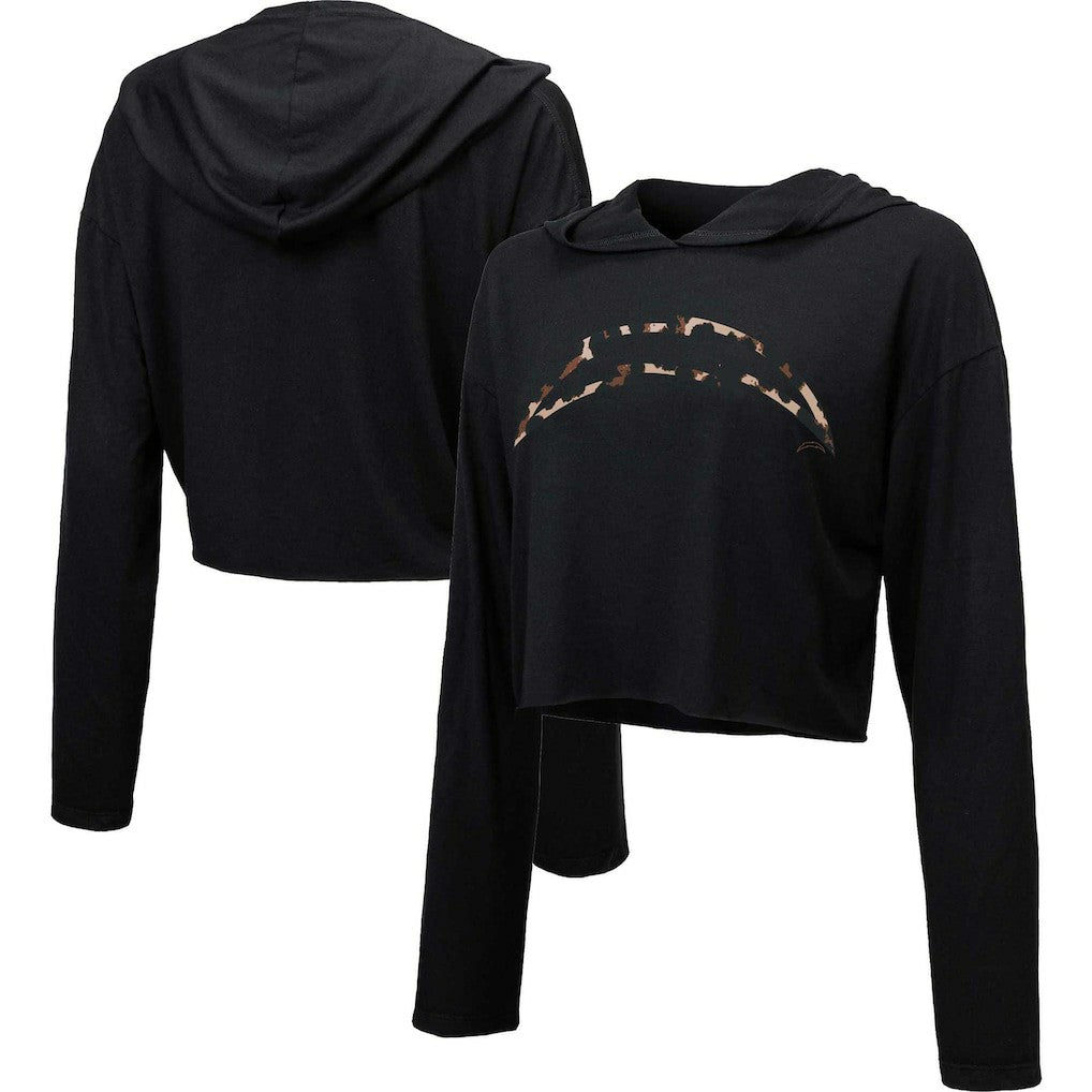 Los Angeles Chargers Majestic Threads Women's Leopard Cropped Pullover Hoodie Black - NFL