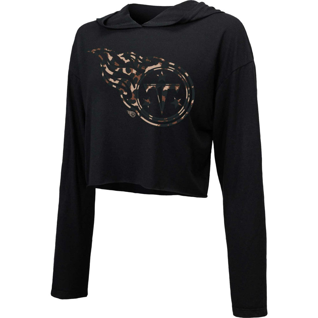 Tennessee Titans Majestic Threads Women's Leopard Cropped Pullover Hoodie Black - NFL