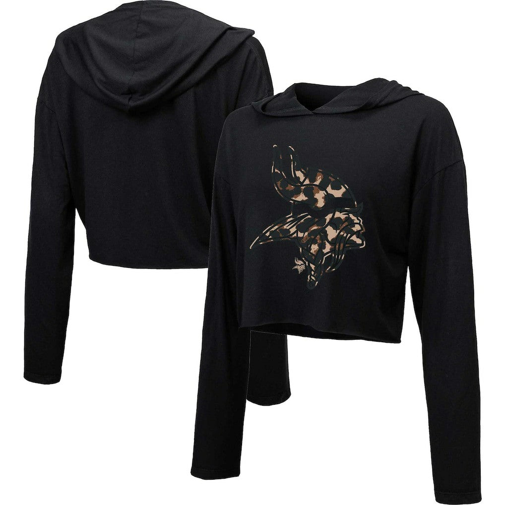 Minnesota Vikings Majestic Threads Women's Leopard Cropped Pullover Hoodie Black - NFL