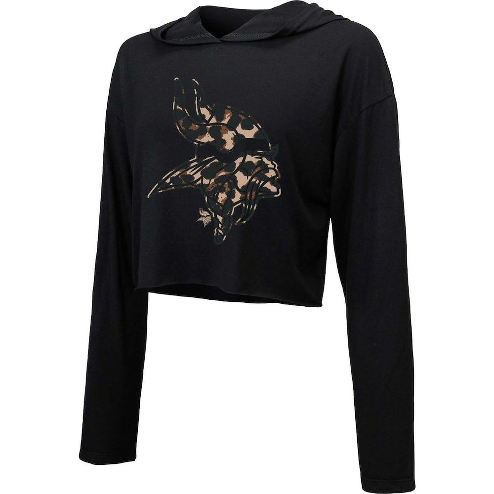 Minnesota Vikings Majestic Threads Women's Leopard Cropped Pullover Hoodie Black - NFL